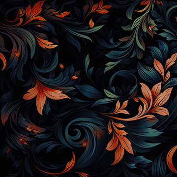 Seamless floral pattern with leaves and swirls Vector illustration