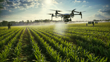 agricultural Drone spraying pesticide on corn field IOT AI farming  - obrazy, fototapety, plakaty