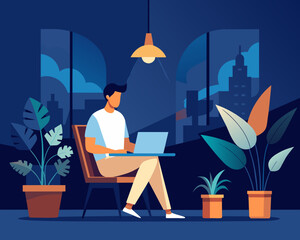 designer secretary man with a laptop programmer tester digital artist student SMM remote work worker laptop freelancer home office Vector illustration creative human