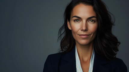 Close-up natural candid studio portrait of young stylish and trendy brunette businesswoman wearing minimalist modern business clothing and staring into the camera, isolated against a grey background - obrazy, fototapety, plakaty