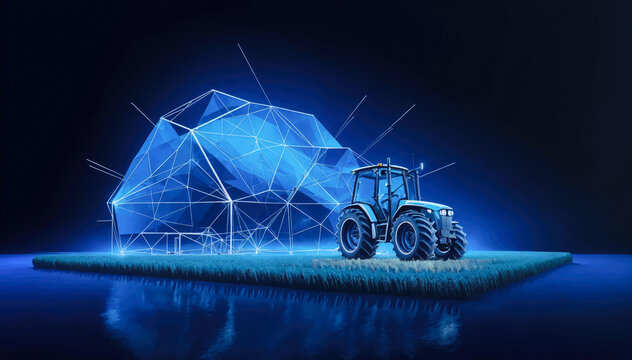 Forklift with polygonal house and tracktor on farm field