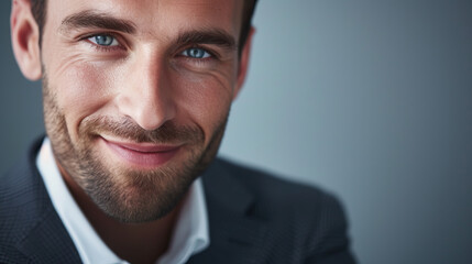Close-up natural candid studio portrait of young stylish and ambitious businessman wearing modern business clothing, smiling and staring into the camera, isolated against a grey background - obrazy, fototapety, plakaty