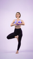 Fototapeta na wymiar Full body length gaiety shot athletic and sporty woman doing healthy and meditative yoga exercise workout posture on isolated background. Healthy active and body care lifestyle