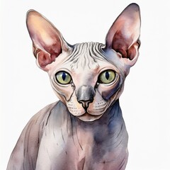 Watercolor illustration of Sphynx cat isolated on white.
