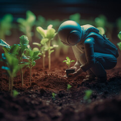 The android, robot, cyborg planting small trees on earth, automation plating, green environmental sustainable development, food security future by generative AI.