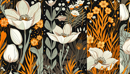 seasonal Seamless pattern with white flowers and leaves on black background