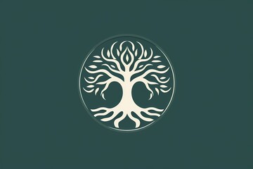 A minimalist logo with a stylized tree design, representing growth and nature, against a solid green background.