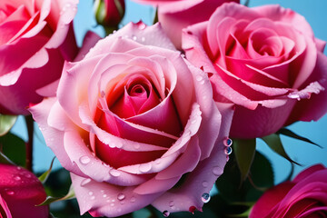 Close-up of a bouquet of pink roses with dew drops