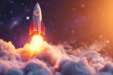 Illuminated Rocket Launching Into Twilight Sky, Symbolizing Innovation and Progress