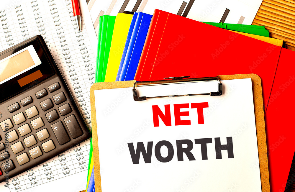 Poster net worth text written on paper clipboard with chart and calculator
