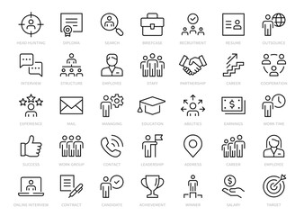 Headhunting line icons set. Recruitment, resume, candidate, interview simple icon. headhunting symbol vector