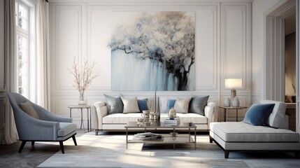 an elegant living room with blue and gray sofa and chaise lounge.
