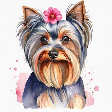 Watercolor illustration of pure breed Yorkshire Terrier dog.. Colorful painting of domestic animal.
