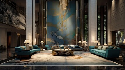 Luxurious contemporary hotel lobby depicted in a .