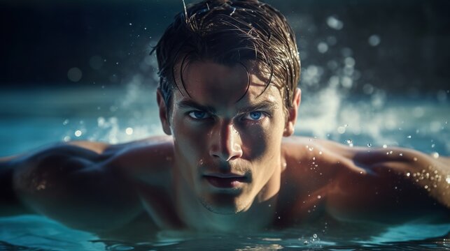 Young professional swimmer training in the pool.