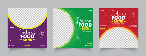 Food Social Media Template design, Food Menu Social Media Post design, set of food social media post or web banner template design.	