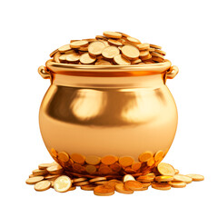 Gold pot filled with gold. Isolated on transparent background.