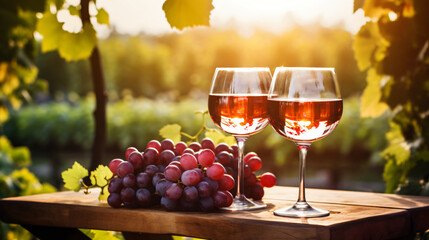 Glasses of red and white wine and ripe grapes. - obrazy, fototapety, plakaty