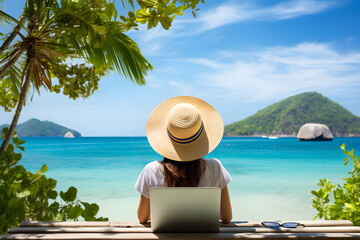 Fototapeta na wymiar Asian Traveler Unwinds Seaside Resort, Juggling Leisure and Business on a Laptop