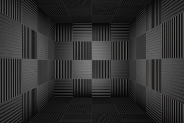 Room completely covered with black acoustic foam panels. Illustration of the concept of sound proof and as dark background for website templates and slide show presentations