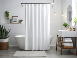 White Shower Curtain Mockup, Front View, elegant minimal modern aesthetic