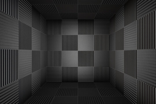 Room completely covered with black acoustic foam panels. Illustration of the concept of sound proof and as dark background for website templates and slide show presentations