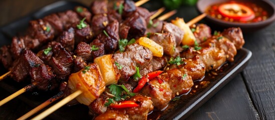 Tasty Asian Satay with a mix of chicken, beef, and lamb.