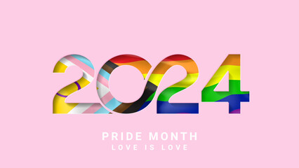 Banner for Pride Month 2024. Symbol of Pride Month with intersex inclusive flag colours. Human rights and tolerance concept. LGBTQ background with rainbow number 2024. Vector illustration for promo.
