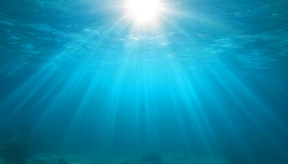 Fototapeta na wymiar Underwater background with blue water and sun rays 6