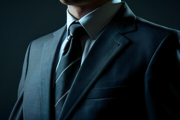 Close up frontal view of a businessman’s torso in a stylish business suit on a black background. Neural network generated image. Not based on any actual person or scene.