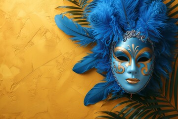a blue mask with feathers for celebrating Mardi Gras, carnival. copy space