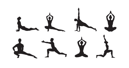 Yoga poses silhouette set. Women and men action sport and yoga vector illustration. Good use for symbol, logo, web icon, mascot, sign, sticker. Work out, wellness and health care concept.   - obrazy, fototapety, plakaty
