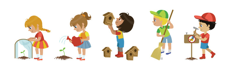 Little Children Loving Planet Taking Care of Earth and Environment Vector Set