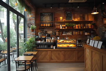 Business cafe, Empty coffee shop interior daytime with wooden design