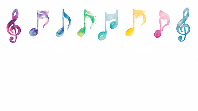 Music note background isolated on a white background showing a colourful watercolour painting of a treble clef and crotchets in a row, which are musical notation symbols, stock illustration image