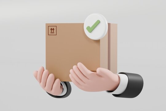 3d hand hold cardboard box or delivery box with check, correct mark. delivery successfully. warranty quality guarantee shipping delivery concept. logistic graphic element icon isolated. 3d rendering.