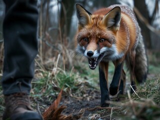 Fototapeta premium An attack by a rabid fox in the forest