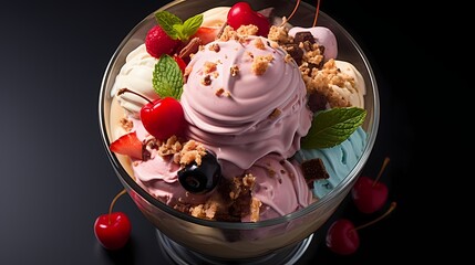 Top view of a gourmet ice cream sundae mockup with various toppings on a solid background