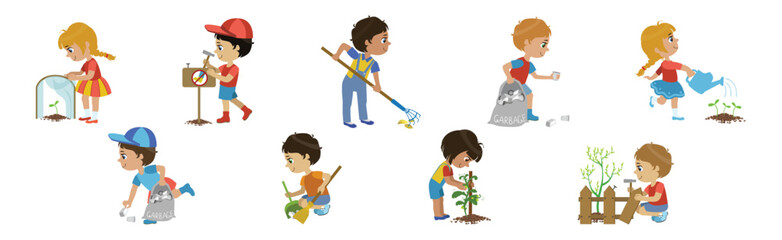 Little Children Loving Planet Taking Care of Earth and Environment Vector Set