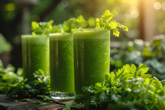 celery green juice , rustic style, green vegetable drink on the table