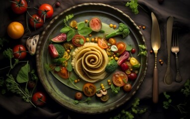 Fototapeta na wymiar Pasta and Vegetable Plate on Table