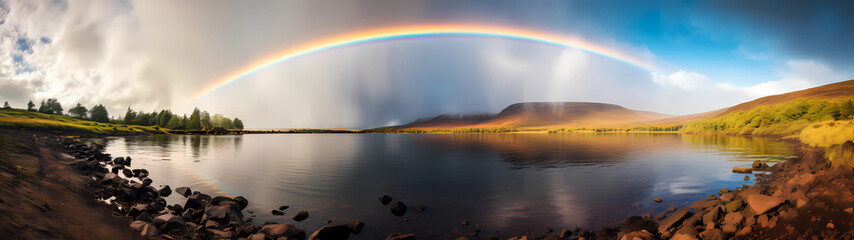 Ultra-wide landscape unfolds majestically, with a tranquil lake mirroring the moody expanse of the cloudy sky, crowned by the ethereal brilliance of a vibrant rainbow arching gracefully over the water