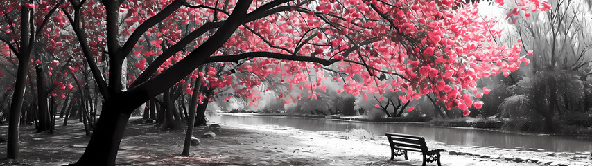 Ultra-wide monochromatic park landscape, with a solitary bench beside the tranquil riverside, is punctuated by the vivid colorpop of a blossoming pink sakura tree, creating a captivating contrast