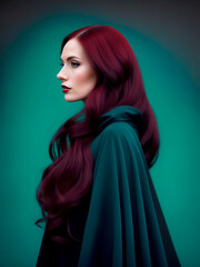 Retrato de una mujer joven y belleza de pelo rojizo sobre un fondo verde oscuro. Vista de frente y de cerca. Copy space. Formato vertical.  IA Generativa