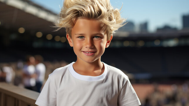 Smiling kid boy with stylish hairstyle outdoors. Looking at camera. Teenage boy