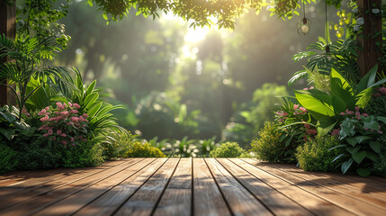 Empty wooden terrace with green wall 3d render,There are wood plank floor with tropical style tree garden background sunlight shine on the tree - obrazy, fototapety, plakaty
