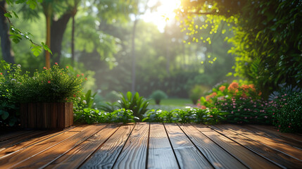 Naklejka na ściany i meble Empty wooden terrace with green wall 3d render,There are wood plank floor with tropical style tree garden background sunlight shine on the tree