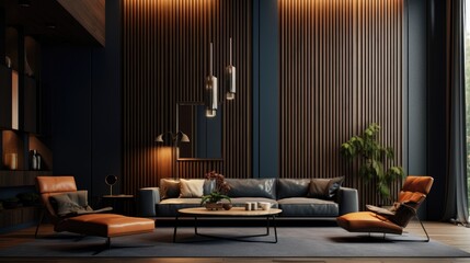 contemporary interior design with dark walls and vertical slats panel.