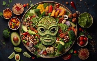 Plate With a Face Made of Vegetables and Fruits