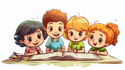 Group of children doing homework cartoon illustra